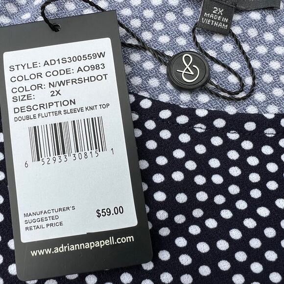 ADRIANNA PAPELL navy white dots, scoop neck short sleeve women’s size 2X top - Picture 6 of 9